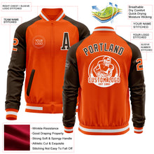 Load image into Gallery viewer, Custom Orange White-Brown Bomber Varsity Letterman Two Tone Zipper Jacket
