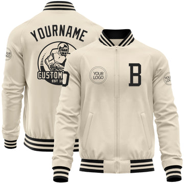 Custom Cream Black Bomber Varsity Letterman Zipper Jacket