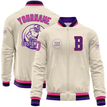 Load image into Gallery viewer, Custom Cream Pink Purple-Black Bomber Varsity Letterman Zipper Jacket
