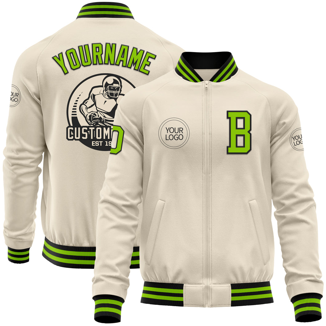 Custom Cream Neon Green-Black Bomber Varsity Letterman Zipper Jacket