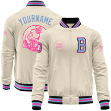 Load image into Gallery viewer, Custom Cream Pink Black-Light Blue Bomber Varsity Letterman Zipper Jacket
