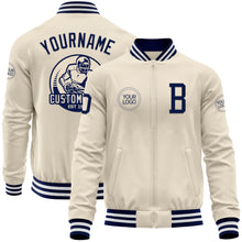 Load image into Gallery viewer, Custom Cream Navy-White Bomber Varsity Letterman Zipper Jacket
