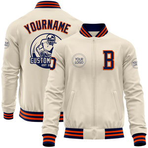 Custom Cream Navy-Orange Bomber Varsity Letterman Zipper Jacket