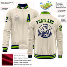 Load image into Gallery viewer, Custom Cream Navy-Neon Green Bomber Varsity Letterman Zipper Jacket
