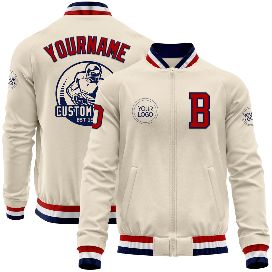 Custom Cream Red Navy-White Bomber Varsity Letterman Zipper Jacket