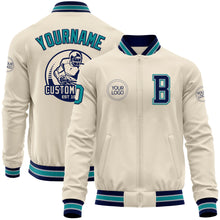 Load image into Gallery viewer, Custom Cream Teal Navy-Gray Bomber Varsity Letterman Zipper Jacket
