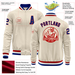 Custom Cream Royal Red-White Bomber Varsity Letterman Zipper Jacket