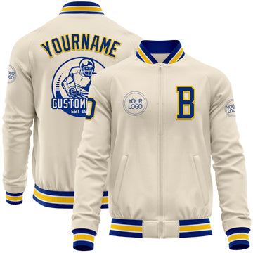 Custom Cream Royal Yellow-White Bomber Varsity Letterman Zipper Jacket