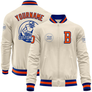 Custom Cream Royal-Orange Bomber Varsity Letterman Zipper Jacket