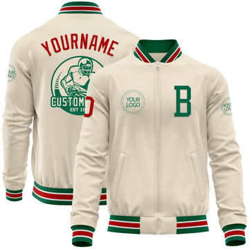 Custom Cream Red Kelly Green-White Bomber Varsity Letterman Zipper Jacket