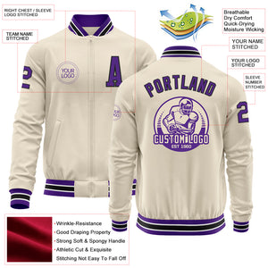 Custom Cream Purple Black-White Bomber Varsity Letterman Zipper Jacket