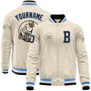 Custom Cream Black Light Blue-White Bomber Varsity Letterman Zipper Jacket