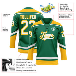 Custom Kelly Green White-Gold Hockey Lace Neck Jersey