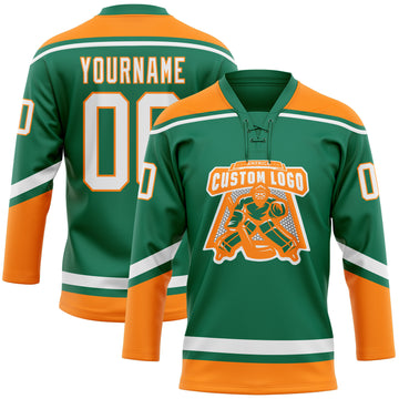 Custom Kelly Green White-Bay Orange Hockey Lace Neck Jersey