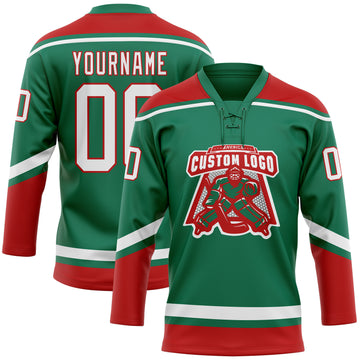 Custom Kelly Green White-Red Hockey Lace Neck Jersey