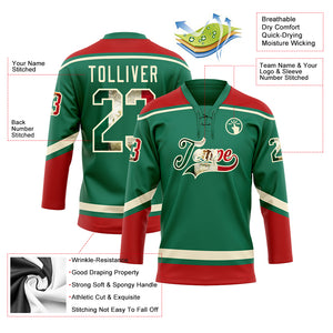 Custom Kelly Green Vintage Mexican Flag Cream-Red Hockey Lace Neck Jersey