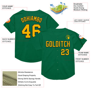 Custom Kelly Green Gold-Black Mesh Authentic Throwback Baseball Jersey