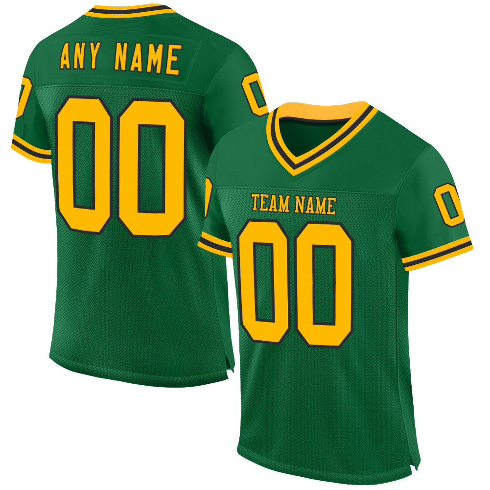 Custom Kelly Green Gold-Black Mesh Authentic Throwback Football Jersey