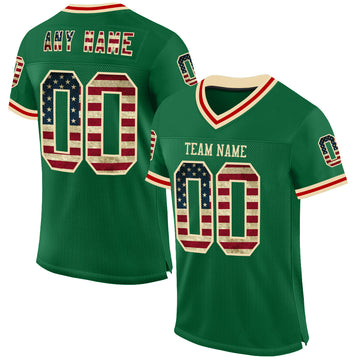 Custom Kelly Green Vintage USA Flag Cream-Red Mesh Authentic Throwback Football Jersey