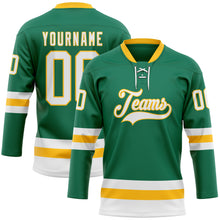 Load image into Gallery viewer, Custom Kelly Green White-Gold Hockey Lace Neck Jersey
