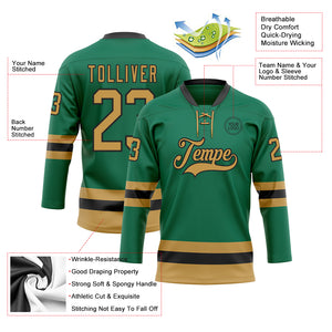 Custom Kelly Green Old Gold-Black Hockey Lace Neck Jersey