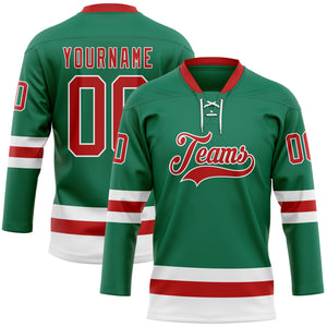 Custom Kelly Green Red-White Hockey Lace Neck Jersey