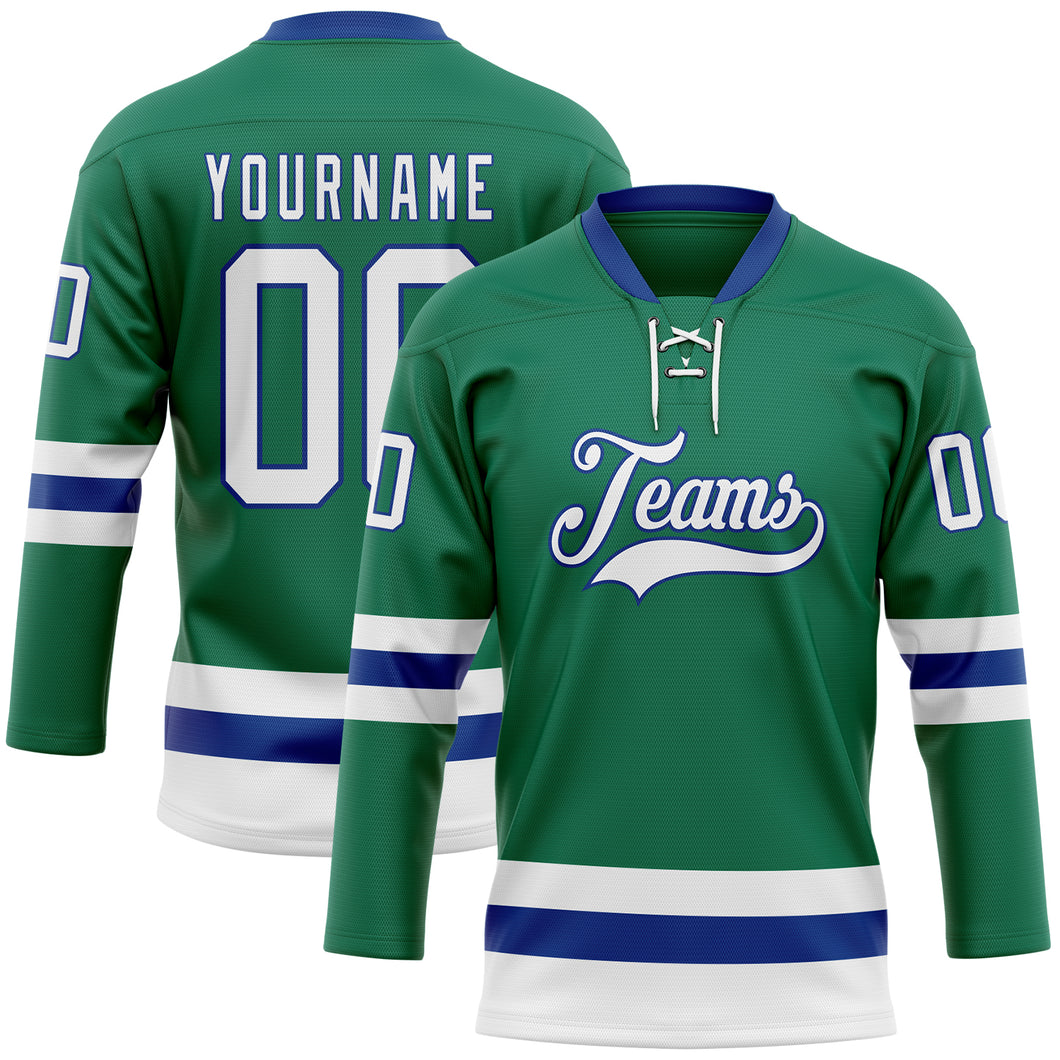 Custom Kelly Green White-Royal Hockey Lace Neck Jersey