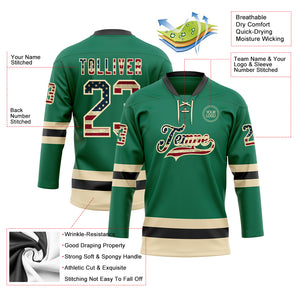 Custom Kelly Green Vintage USA Flag Cream-Black Hockey Lace Neck Jersey