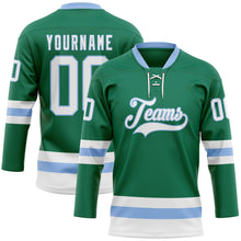 Load image into Gallery viewer, Custom Kelly Green White-Light Blue Hockey Lace Neck Jersey
