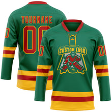 Load image into Gallery viewer, Custom Kelly Green Red-Gold Hockey Lace Neck Jersey
