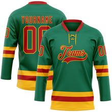 Load image into Gallery viewer, Custom Kelly Green Red-Gold Hockey Lace Neck Jersey
