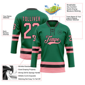 Custom Kelly Green Medium Pink-Black Hockey Lace Neck Jersey