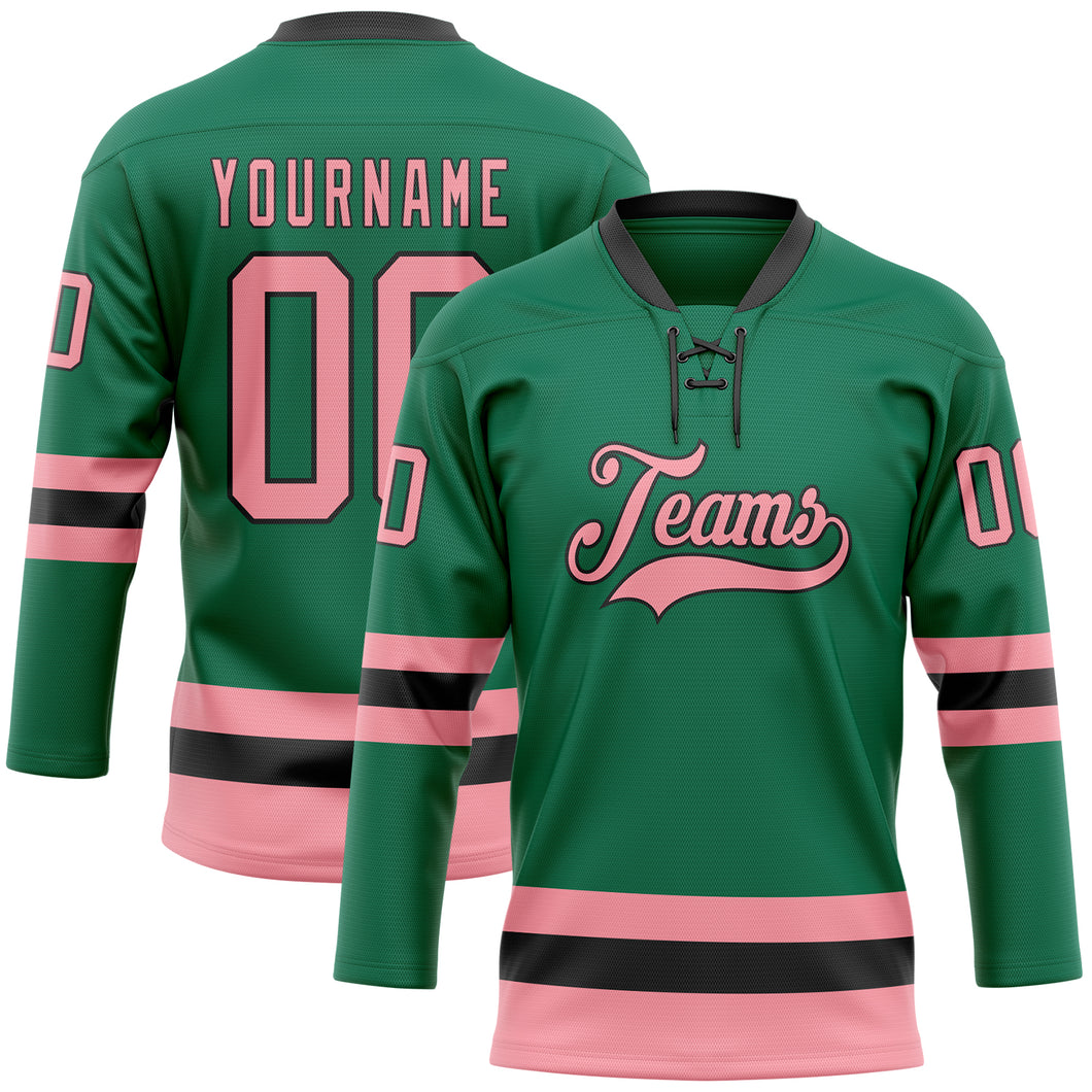 Custom Kelly Green Medium Pink-Black Hockey Lace Neck Jersey