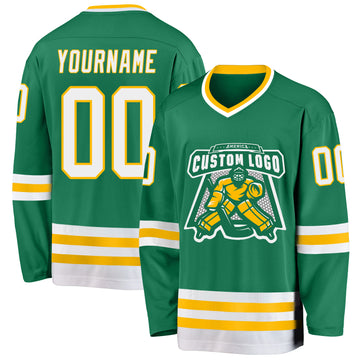 Custom Kelly Green White-Gold Hockey Jersey