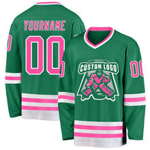 Load image into Gallery viewer, Custom Kelly Green Pink-White Hockey Jersey
