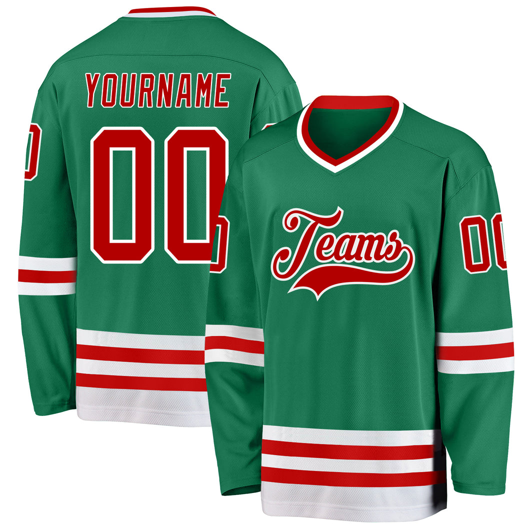 Custom Kelly Green Red-White Hockey Jersey