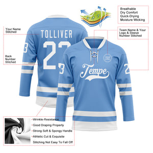 Custom Light Blue White Hockey Lace Neck Jersey