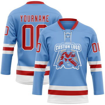 Custom Light Blue Red-White Hockey Lace Neck Jersey