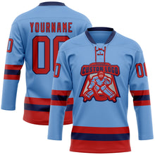 Load image into Gallery viewer, Custom Light Blue Red-Navy Hockey Lace Neck Jersey
