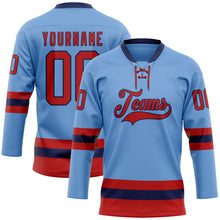 Load image into Gallery viewer, Custom Light Blue Red-Navy Hockey Lace Neck Jersey
