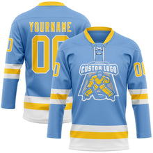 Load image into Gallery viewer, Custom Light Blue Yellow-White Hockey Lace Neck Jersey
