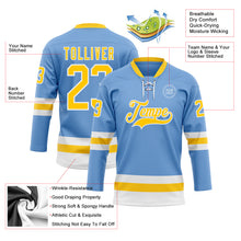 Load image into Gallery viewer, Custom Light Blue Yellow-White Hockey Lace Neck Jersey
