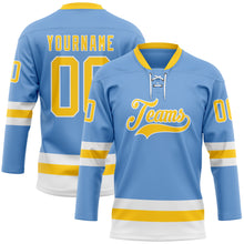 Load image into Gallery viewer, Custom Light Blue Yellow-White Hockey Lace Neck Jersey
