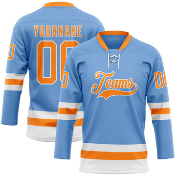 Custom Light Blue Bay Orange-White Hockey Lace Neck Jersey