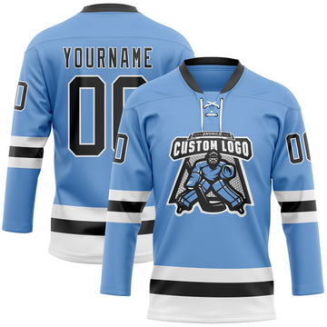 Custom Light Blue Black-White Hockey Lace Neck Jersey