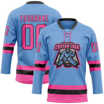 Custom Light Blue Pink-Black Hockey Lace Neck Jersey