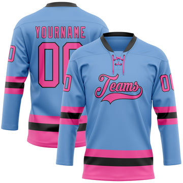 Custom Light Blue Pink-Black Hockey Lace Neck Jersey