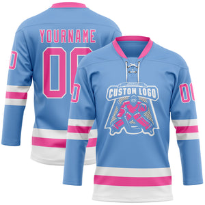 Custom Light Blue Pink-White Hockey Lace Neck Jersey