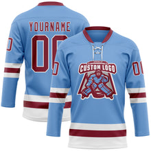 Load image into Gallery viewer, Custom Light Blue Crimson-White Hockey Lace Neck Jersey
