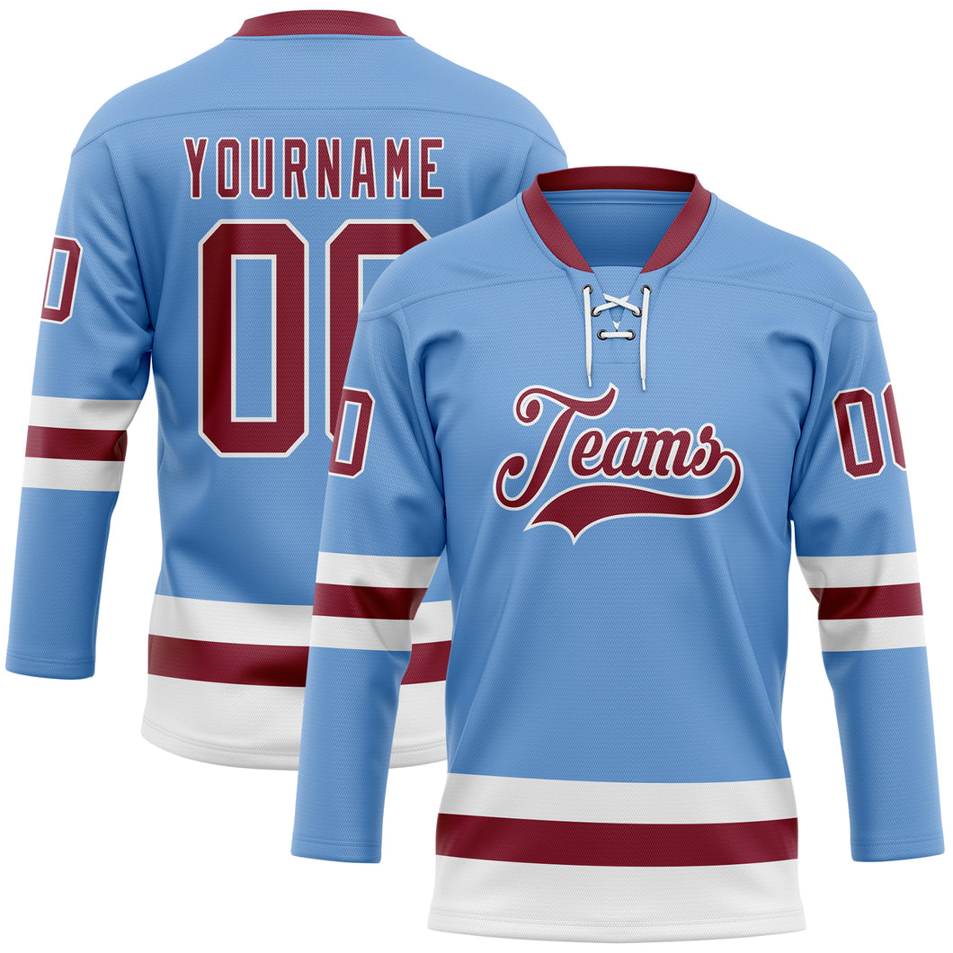 Custom Light Blue Crimson-White Hockey Lace Neck Jersey